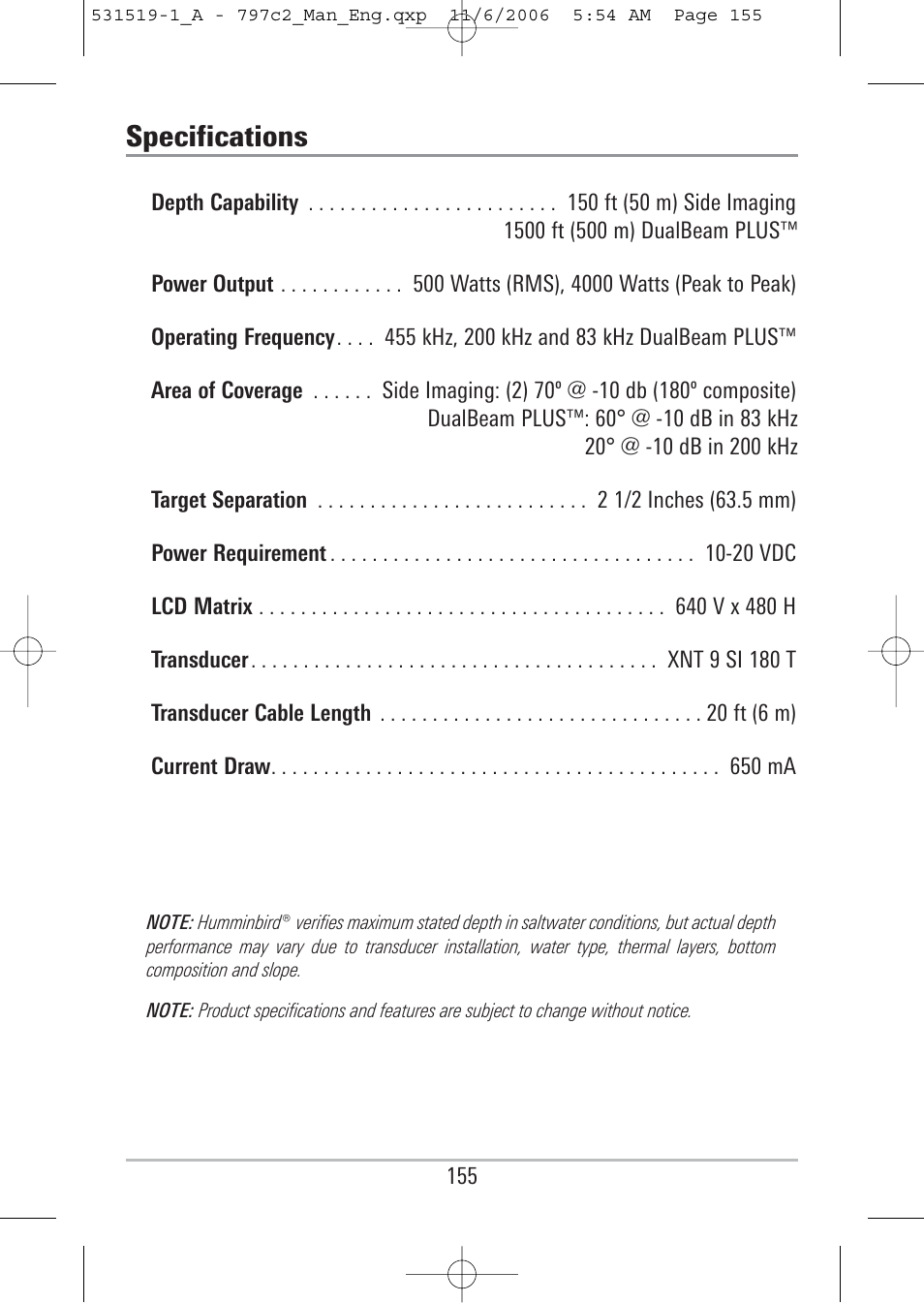 Specifications | Humminbird 700 series User Manual | Page 165 / 183