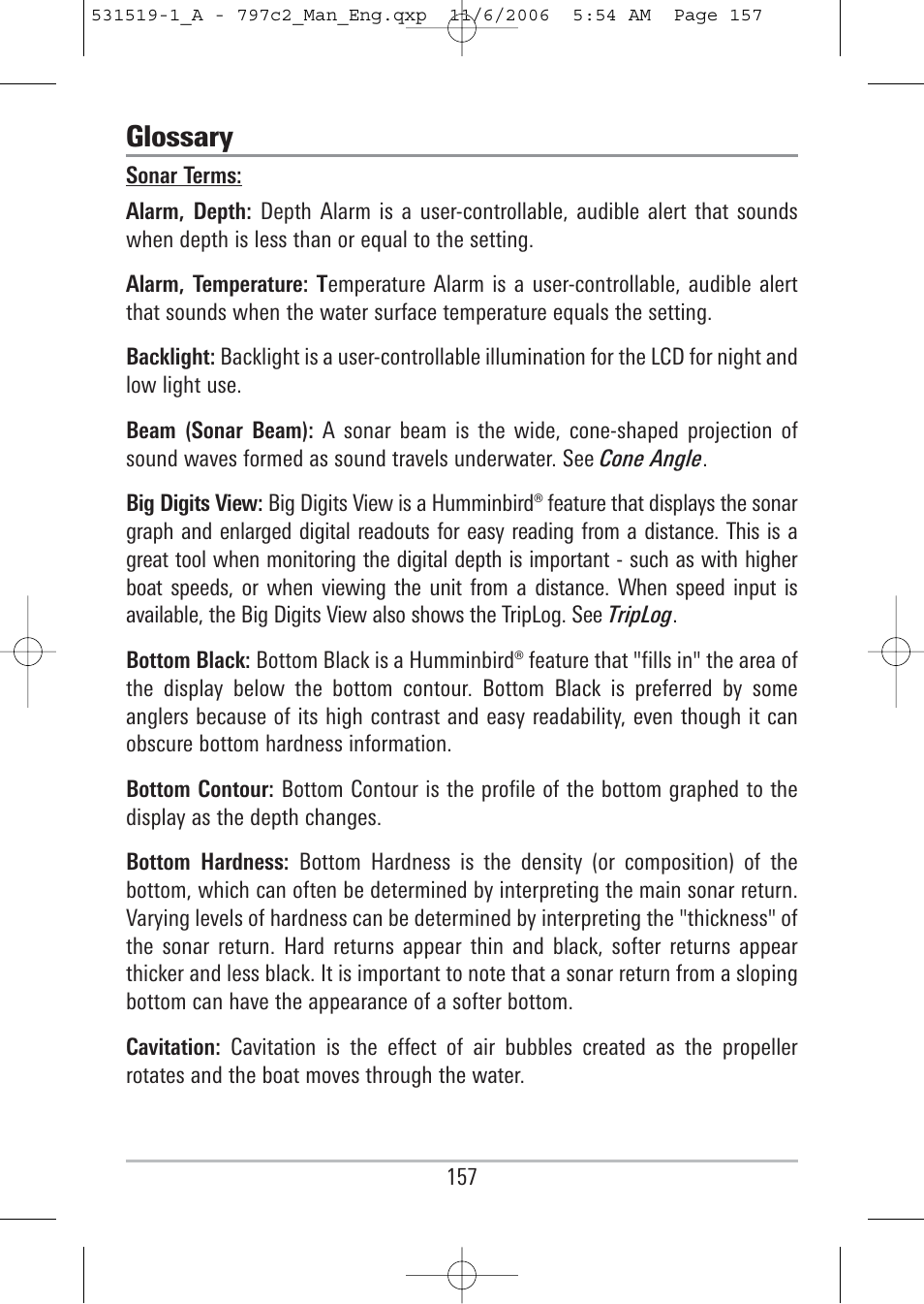 Glossary | Humminbird 700 series User Manual | Page 167 / 183