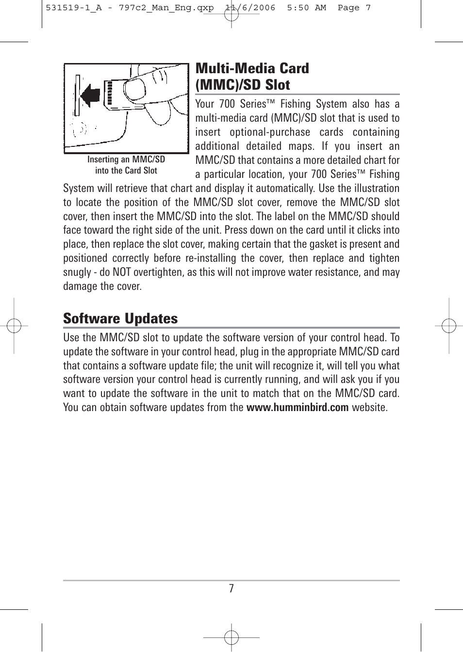 Multi-media card (mmc)/sd slot, Software updates | Humminbird 700 series User Manual | Page 17 / 183