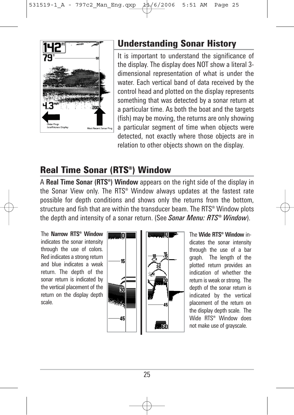 Understanding sonar history, Real time sonar (rts®) window | Humminbird 700 series User Manual | Page 35 / 183