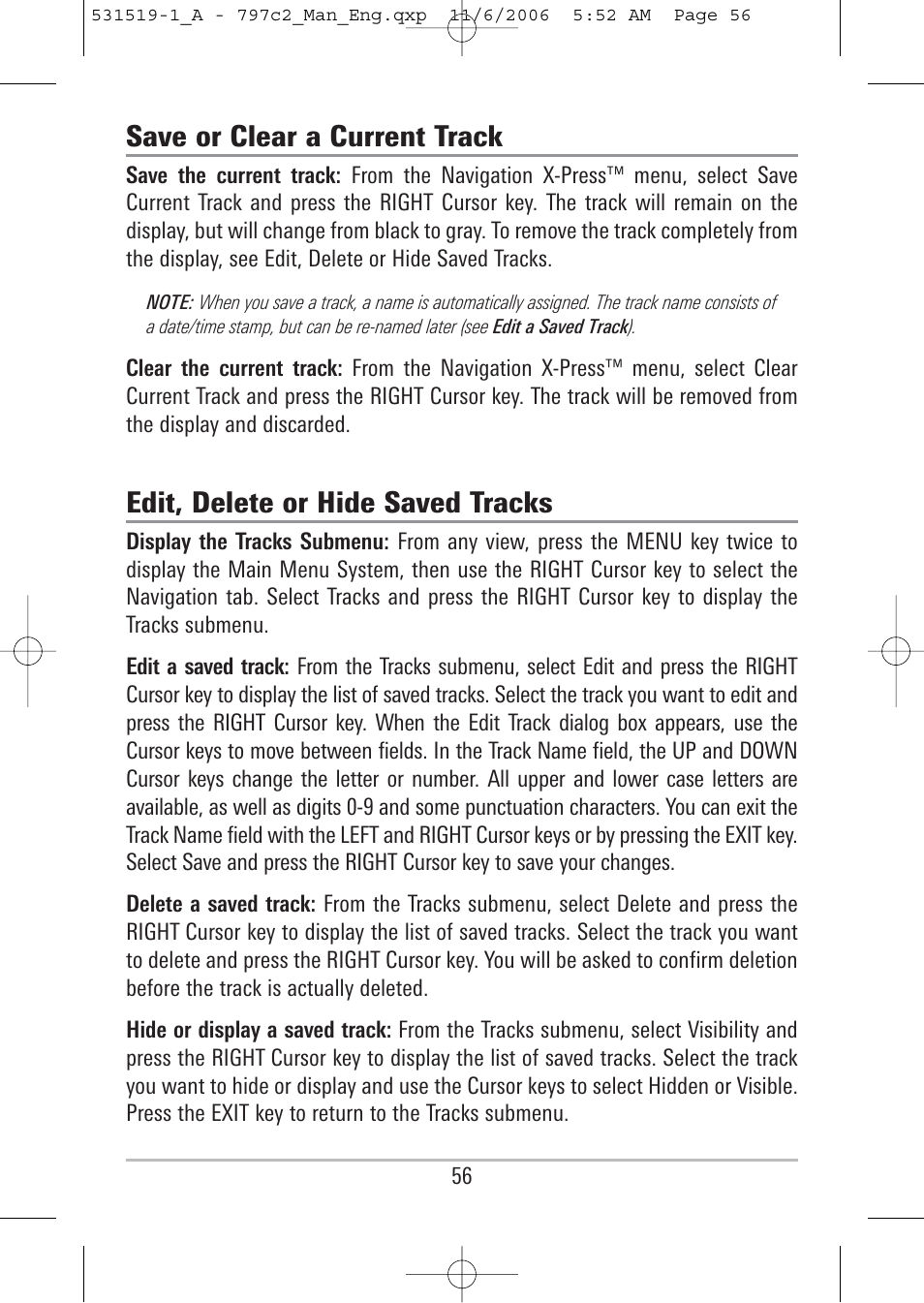 Save or clear a current track, Edit, delete or hide saved tracks | Humminbird 700 series User Manual | Page 66 / 183