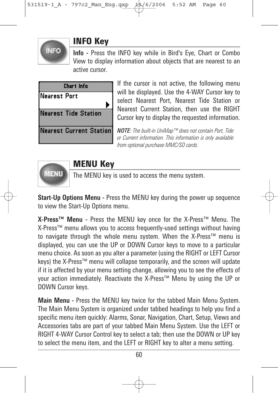 Info key, Menu key | Humminbird 700 series User Manual | Page 70 / 183