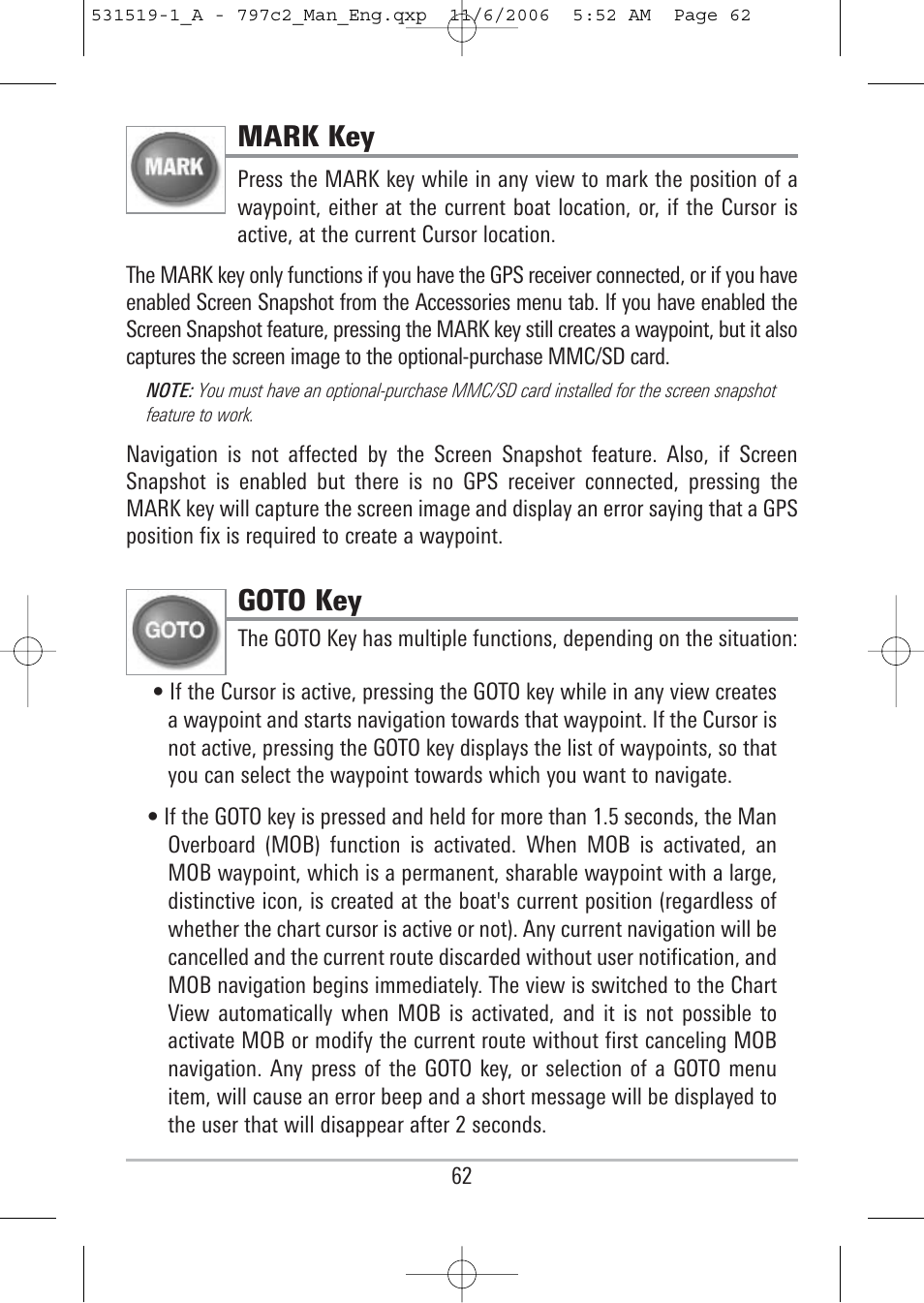 Mark key, Goto key | Humminbird 700 series User Manual | Page 72 / 183