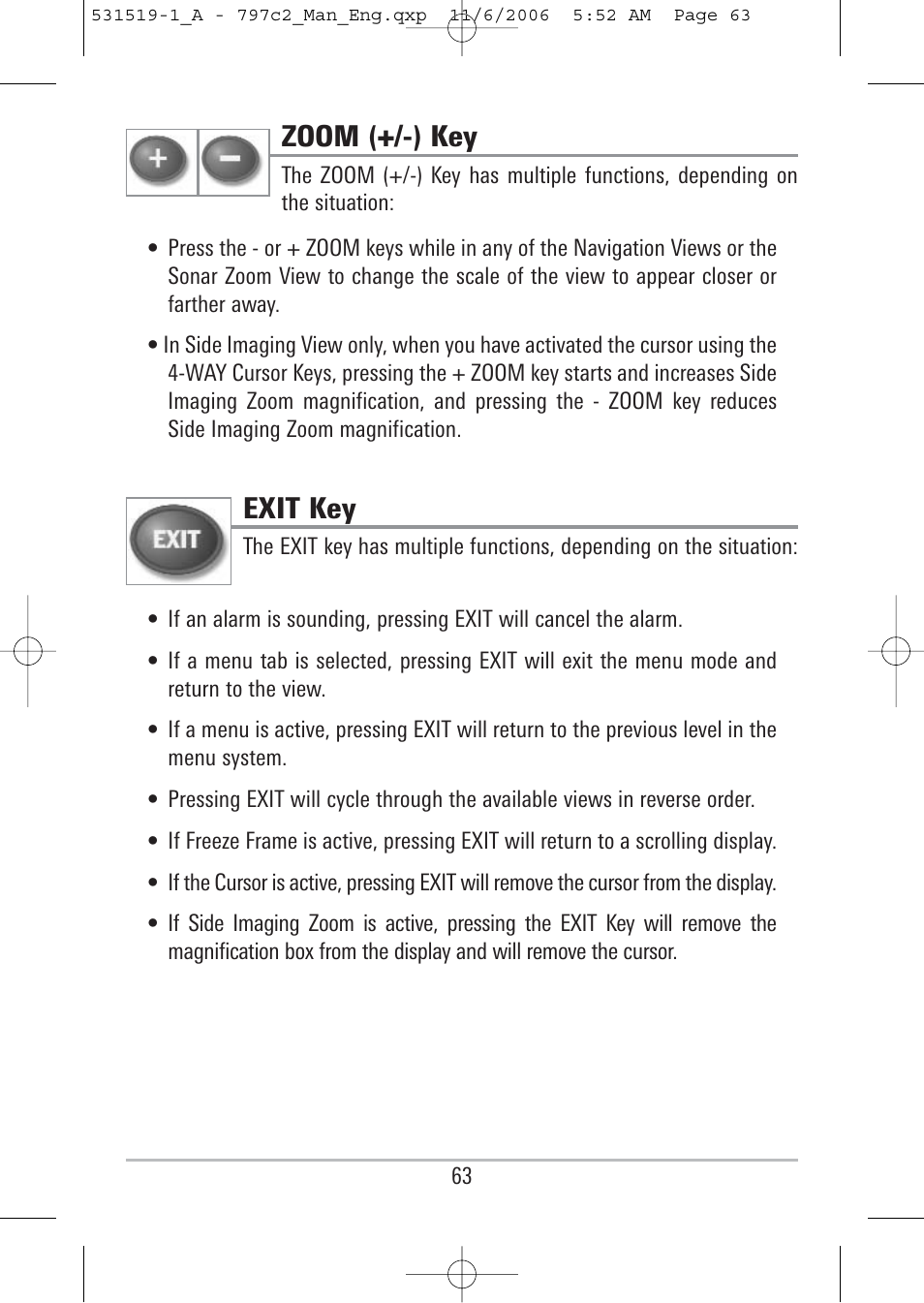 Zoom (+/-) key, Exit key | Humminbird 700 series User Manual | Page 73 / 183