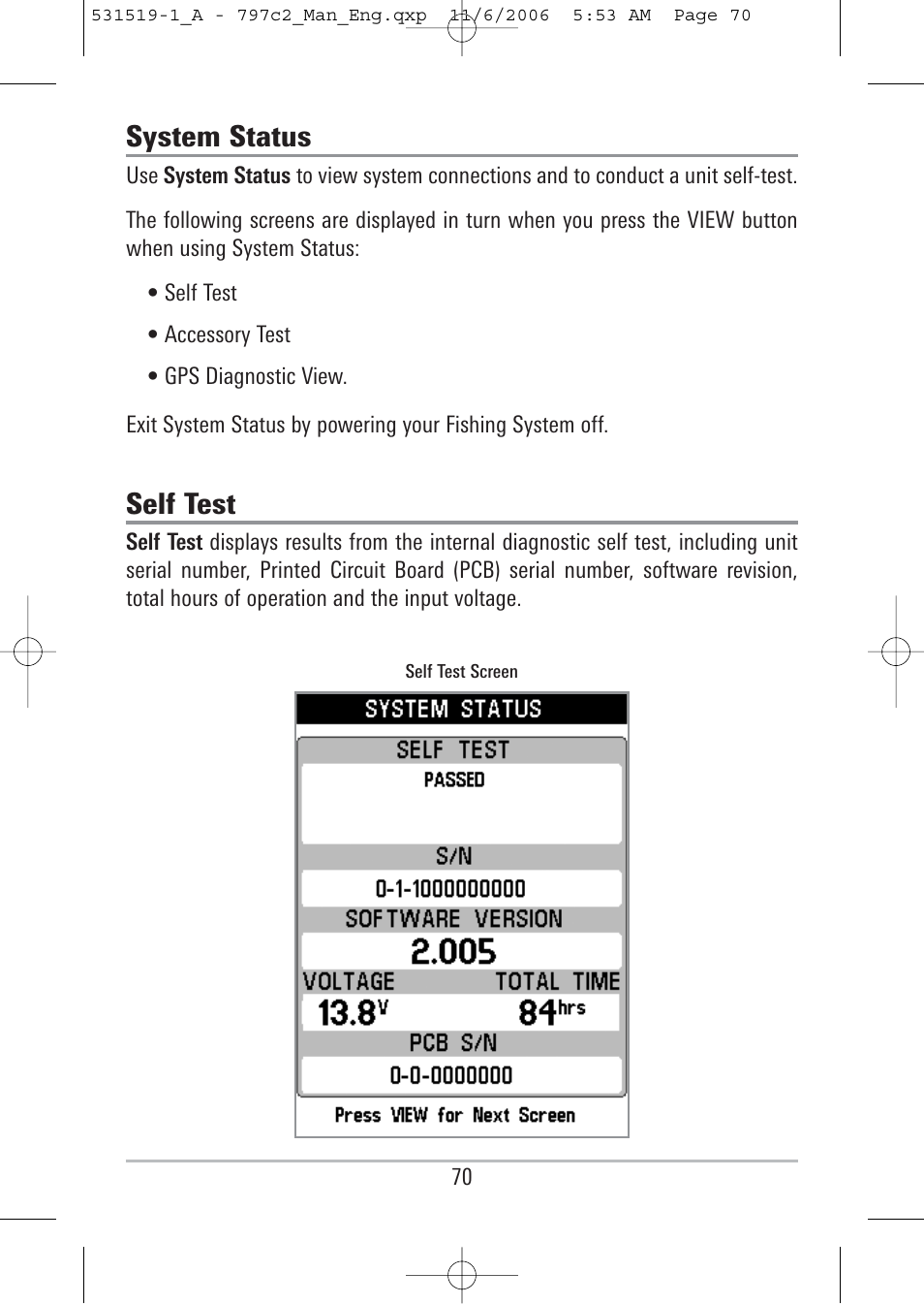 System status, Self test | Humminbird 700 series User Manual | Page 80 / 183