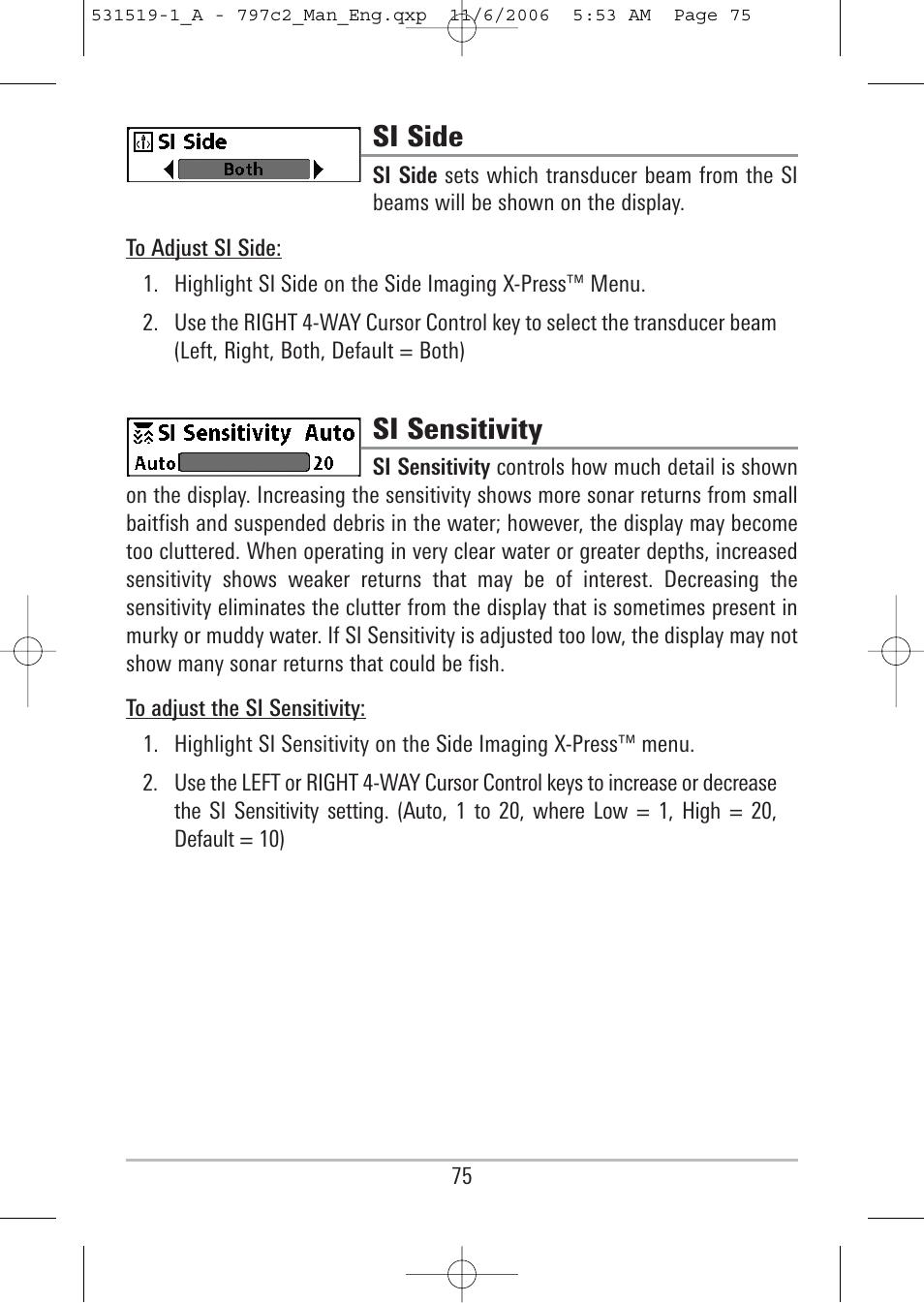 Si side, Si sensitivity | Humminbird 700 series User Manual | Page 85 / 183