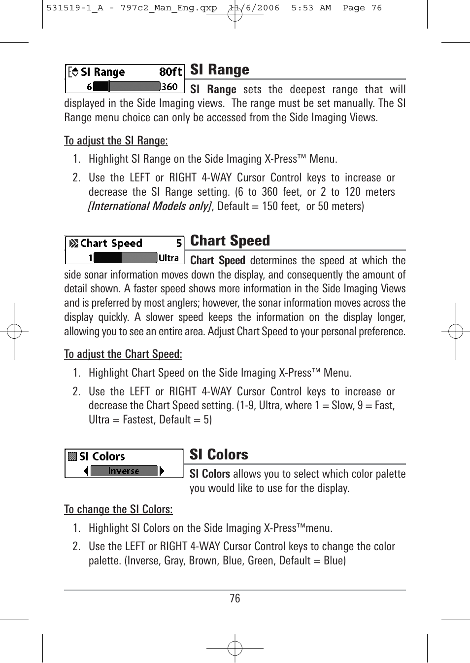 Si range, Chart speed, Si colors | Humminbird 700 series User Manual | Page 86 / 183