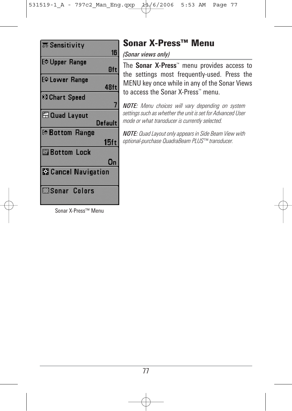 Sonar x-press™ menu | Humminbird 700 series User Manual | Page 87 / 183