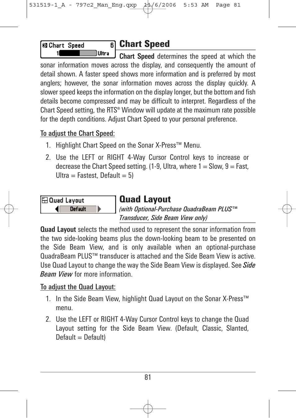 Chart speed, Quad layout | Humminbird 700 series User Manual | Page 91 / 183