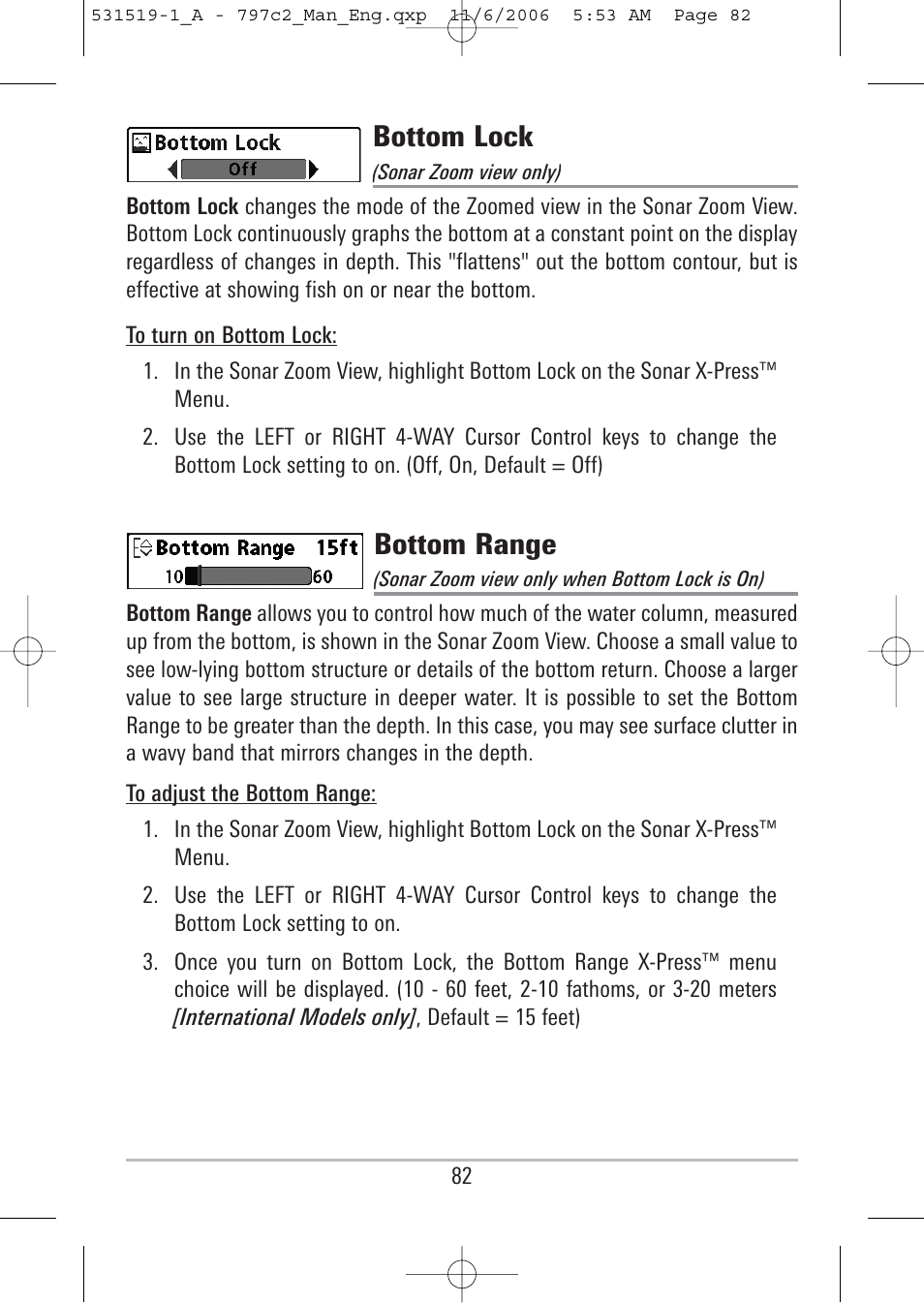 Bottom lock, Bottom range | Humminbird 700 series User Manual | Page 92 / 183