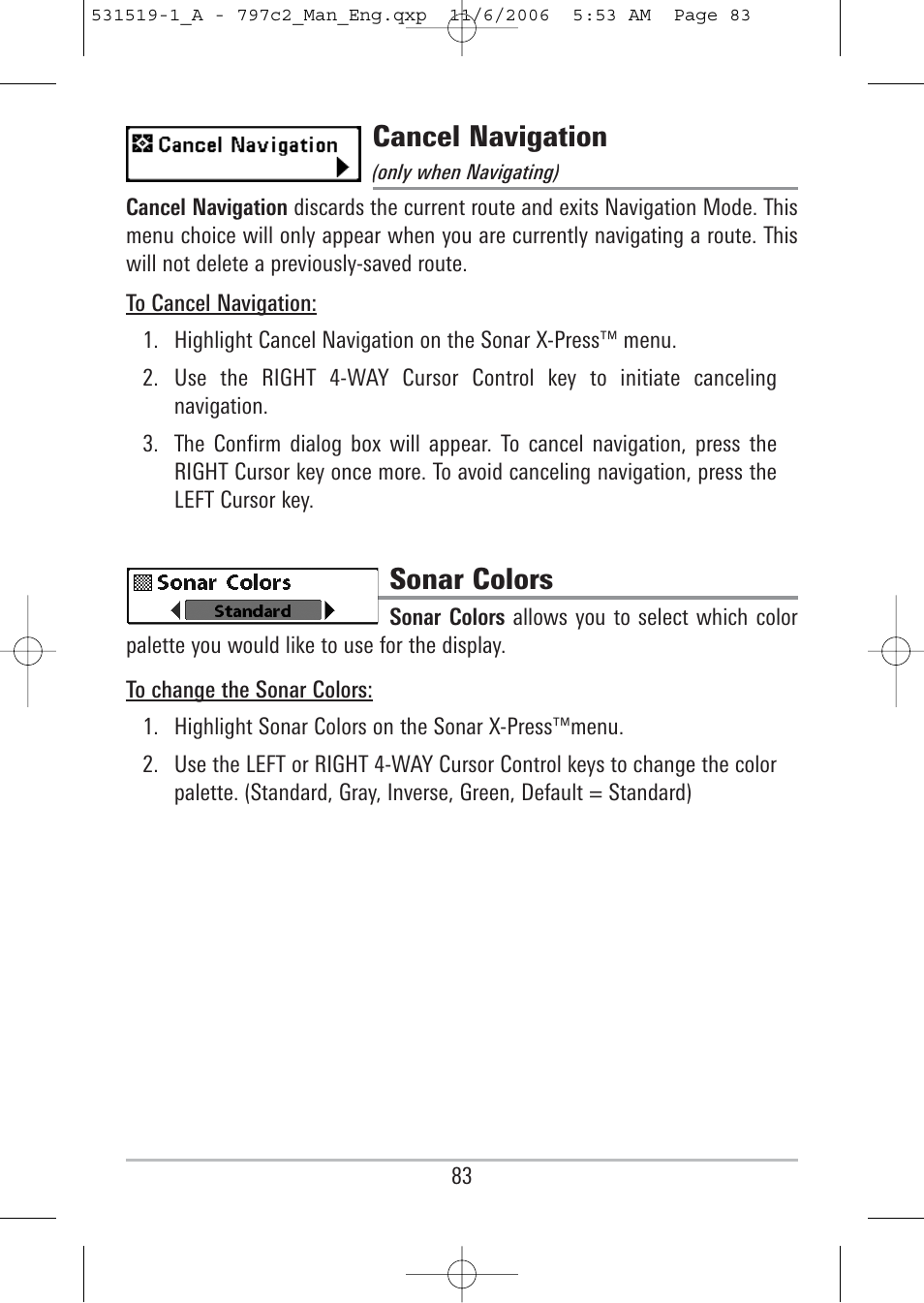 Cancel navigation, Sonar colors | Humminbird 700 series User Manual | Page 93 / 183