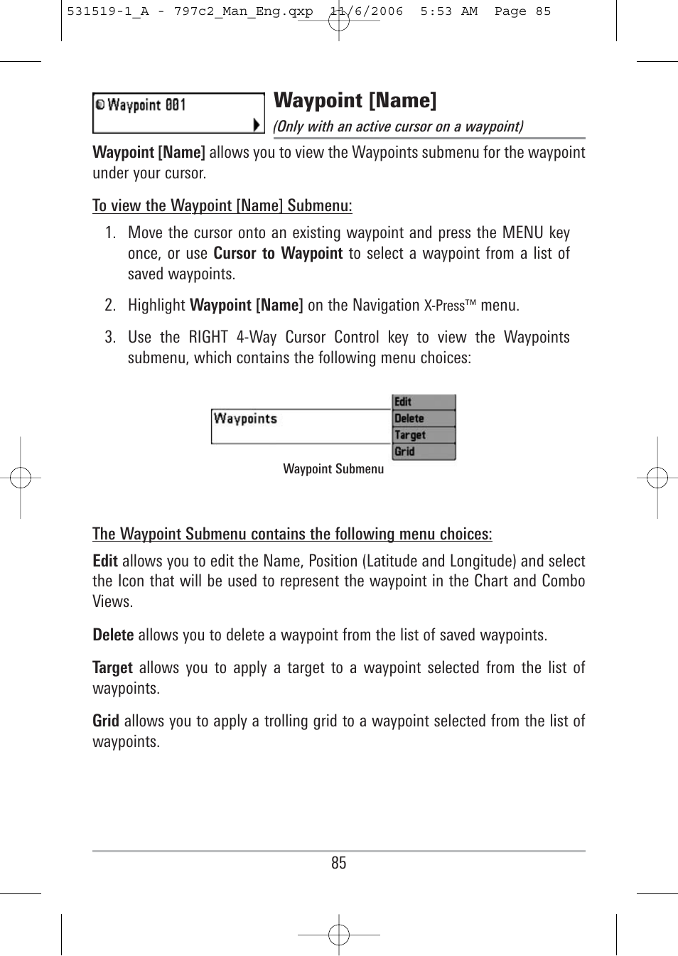 Waypoint [name | Humminbird 700 series User Manual | Page 95 / 183