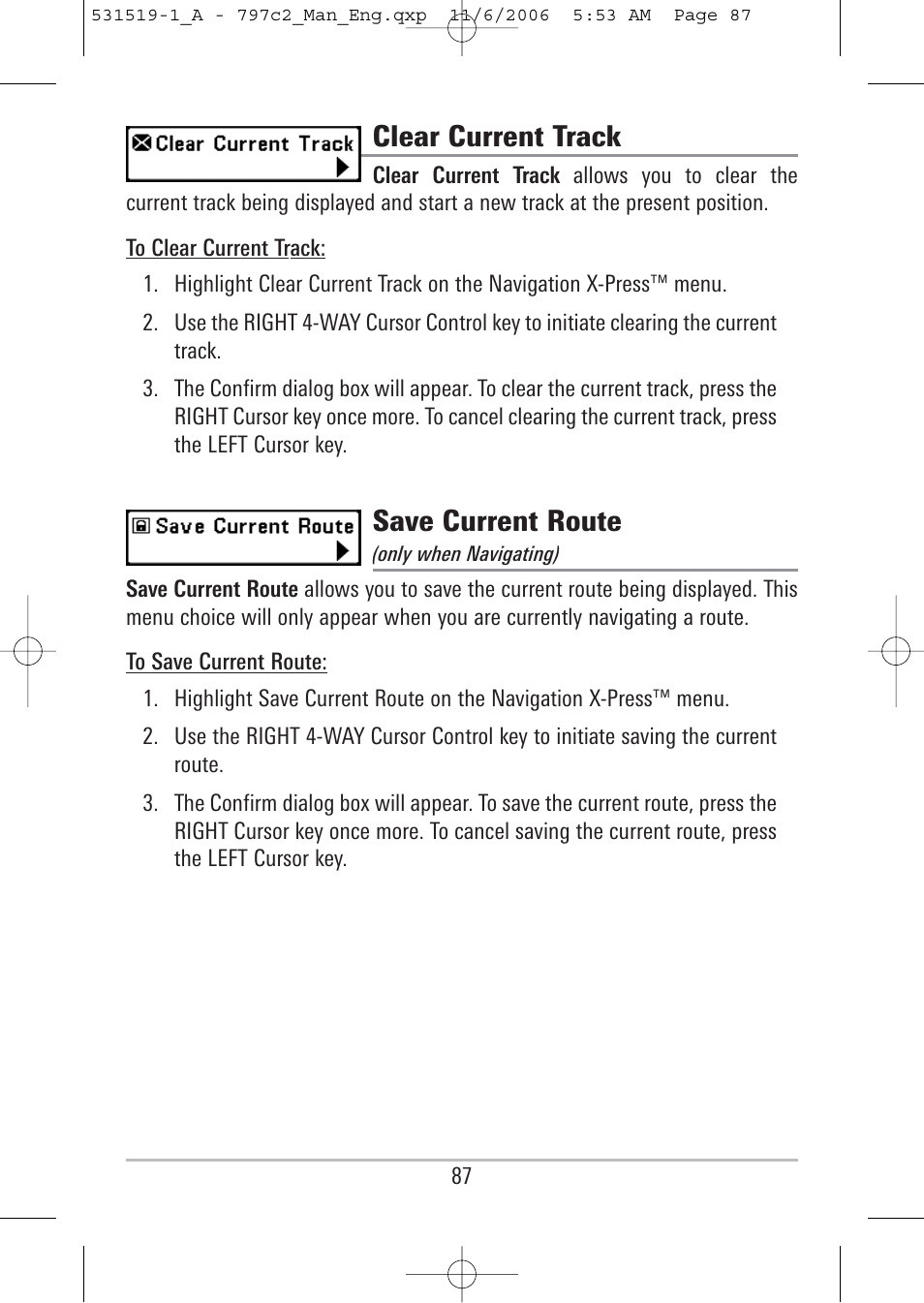 Clear current track, Save current route | Humminbird 700 series User Manual | Page 97 / 183
