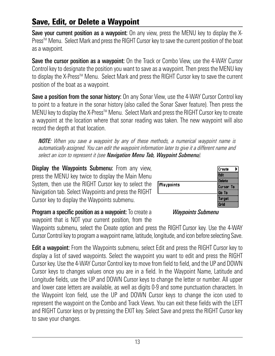 Save, edit, or delete a waypoint | Humminbird 531324-1_D User Manual | Page 19 / 60