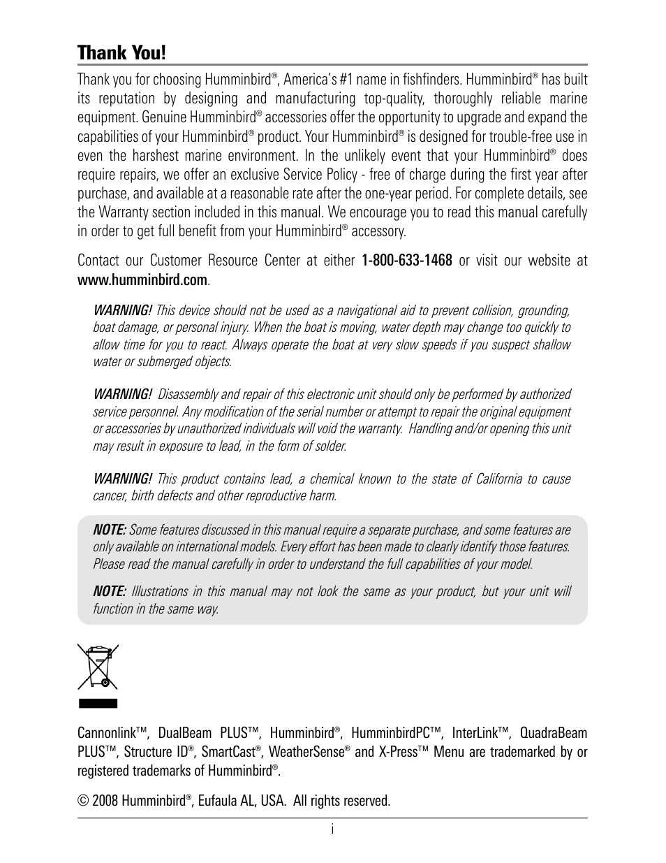 Thank you, Warning | Humminbird 531324-1_D User Manual | Page 2 / 60