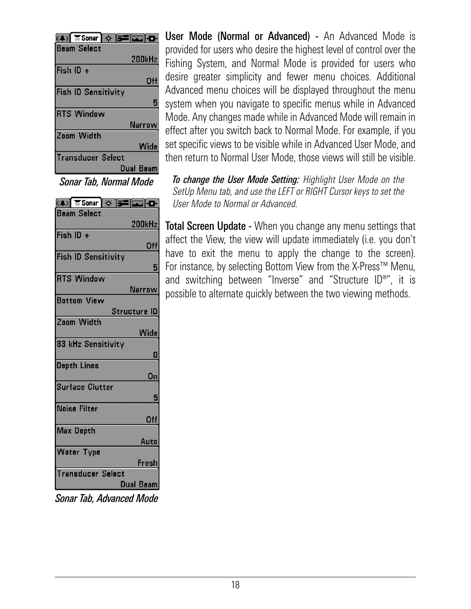 User mode (normal or advanced) | Humminbird 531324-1_D User Manual | Page 24 / 60