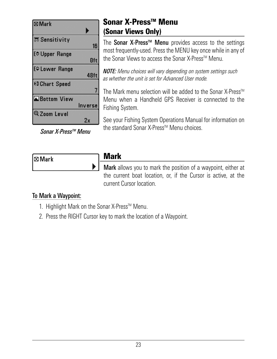 Sonar x-presstm menu, Sonar x-press, Menu | Mark, Sonar views only) | Humminbird 531324-1_D User Manual | Page 29 / 60