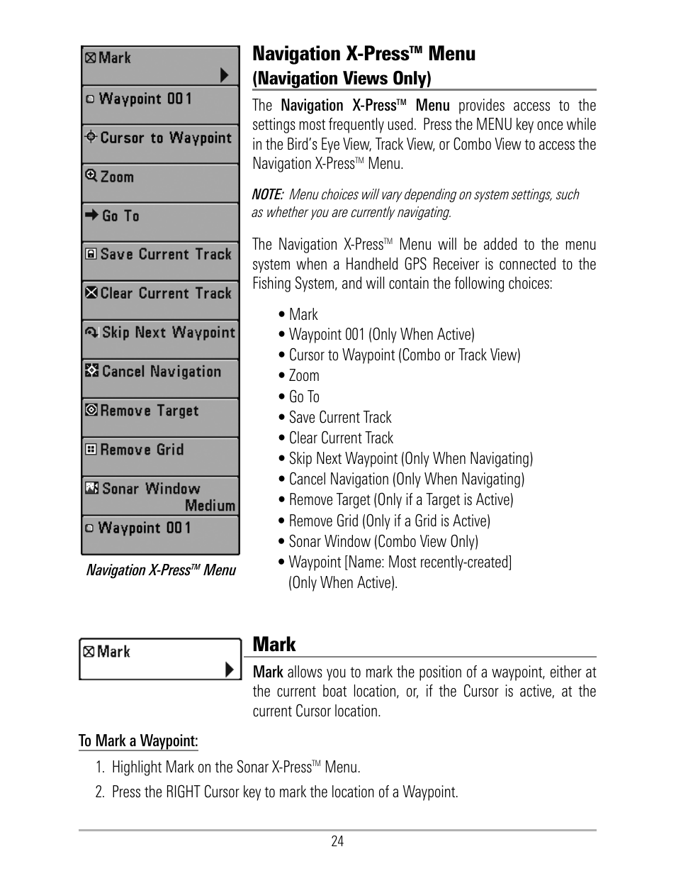 Navigation x-presstm menu, Navigation x-press, Menu | Mark, Navigation views only) | Humminbird 531324-1_D User Manual | Page 30 / 60
