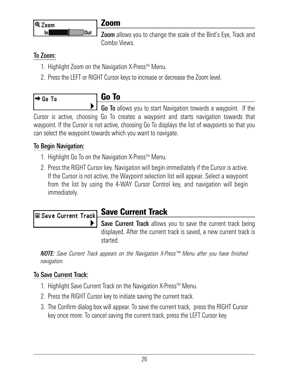 Zoom, Go to, Save current track | Humminbird 531324-1_D User Manual | Page 32 / 60