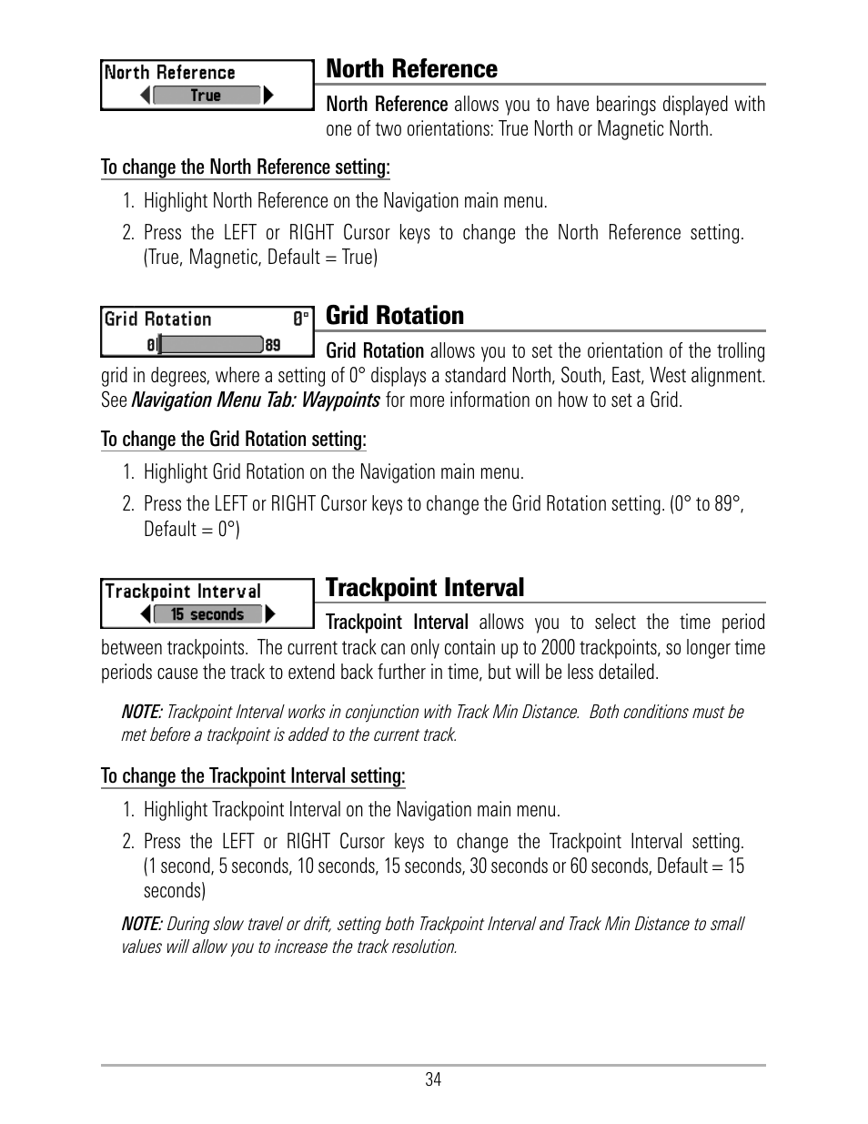 North reference, Grid rotation, Trackpoint interval | Humminbird 531324-1_D User Manual | Page 40 / 60