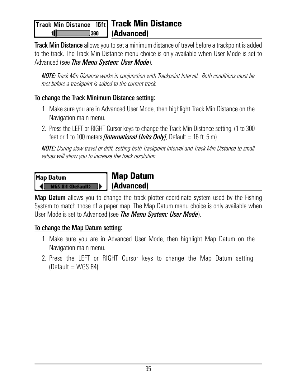 Track min distance, Map datum | Humminbird 531324-1_D User Manual | Page 41 / 60