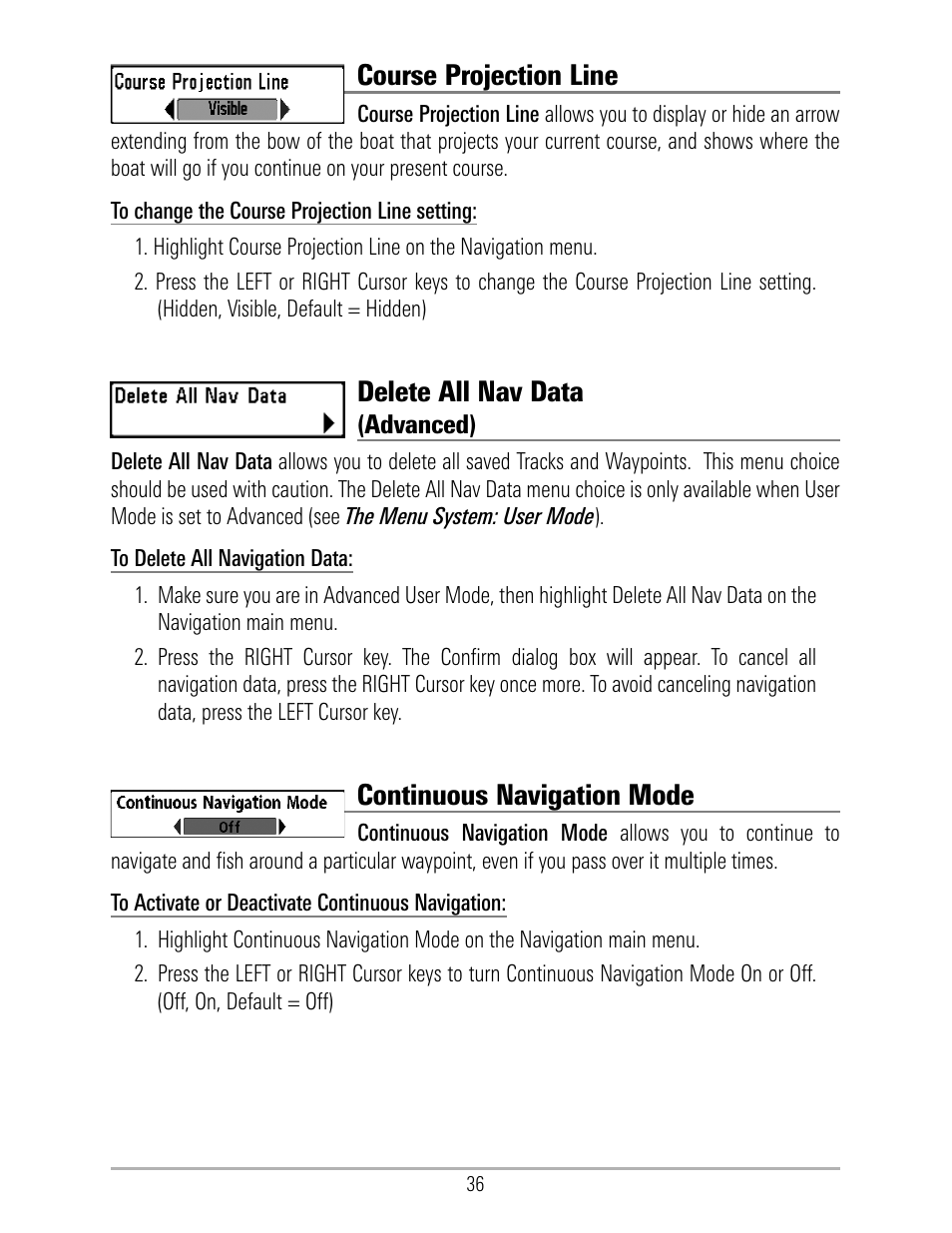 Course projection line, Delete all nav data, Continuous navigation mode | Humminbird 531324-1_D User Manual | Page 42 / 60