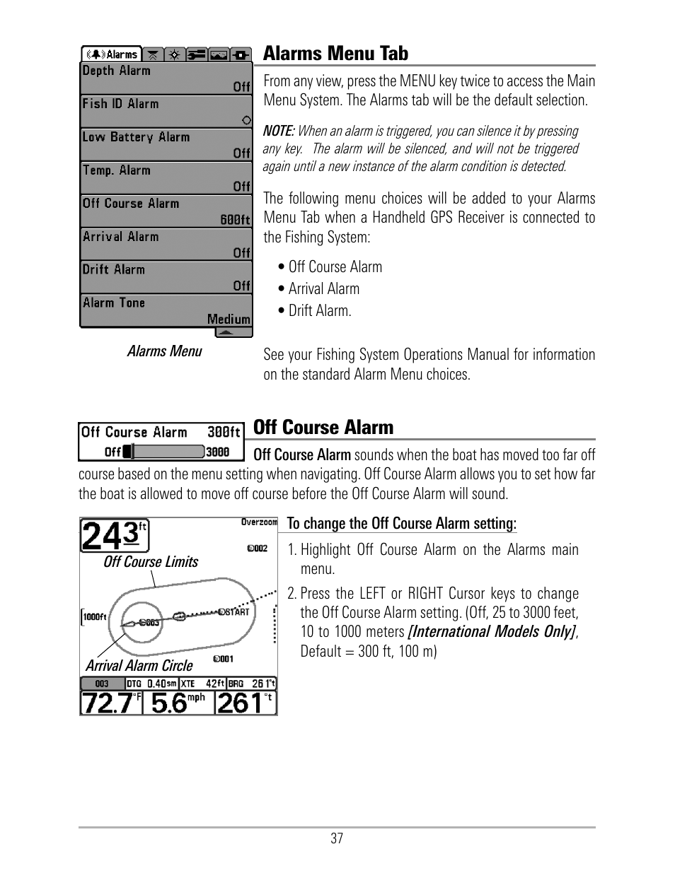 Alarms menu tab, Off course alarm | Humminbird 531324-1_D User Manual | Page 43 / 60