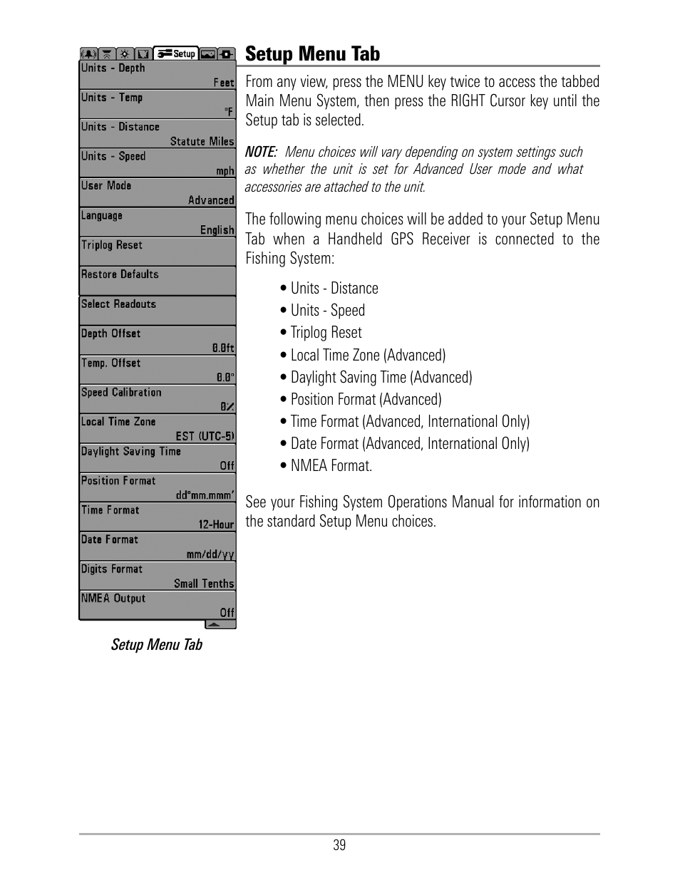 Setup menu tab | Humminbird 531324-1_D User Manual | Page 45 / 60