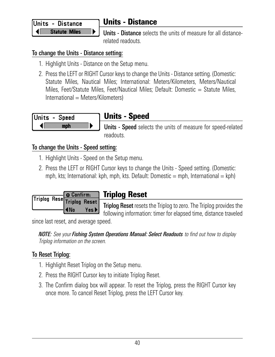 Units - distance, Units - speed, Triplog reset | Humminbird 531324-1_D User Manual | Page 46 / 60