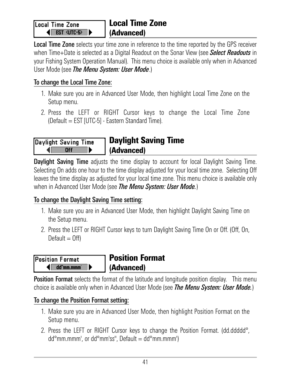 Local time zone, Daylight saving time, Position format | Humminbird 531324-1_D User Manual | Page 47 / 60