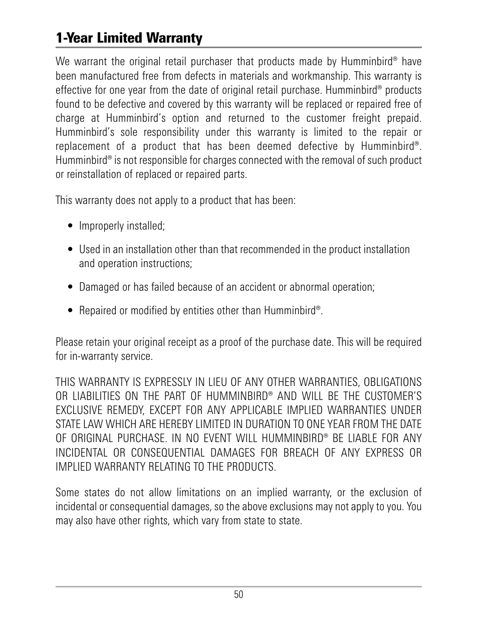 Year limited warranty | Humminbird 531324-1_D User Manual | Page 56 / 60