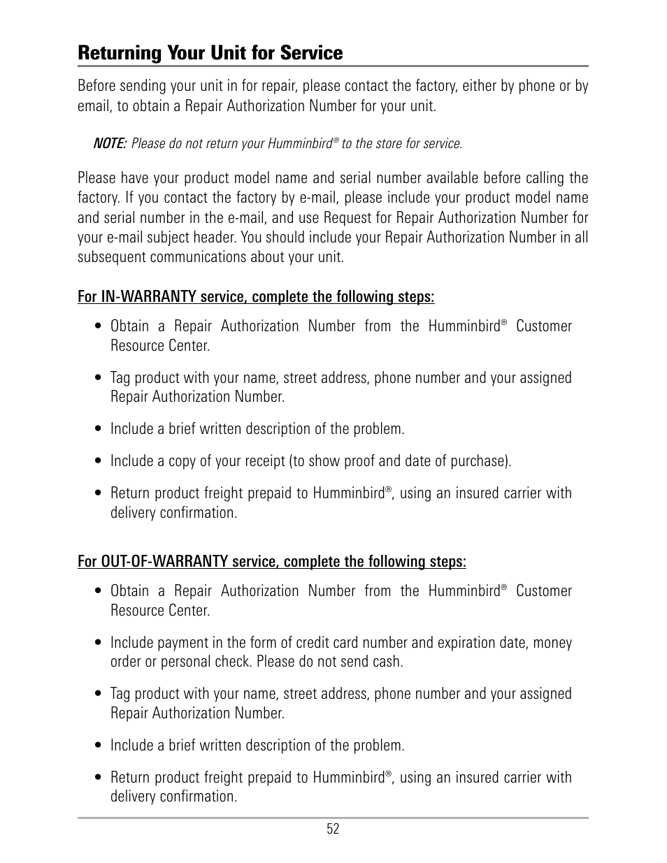 Returning your unit for service | Humminbird 531324-1_D User Manual | Page 58 / 60