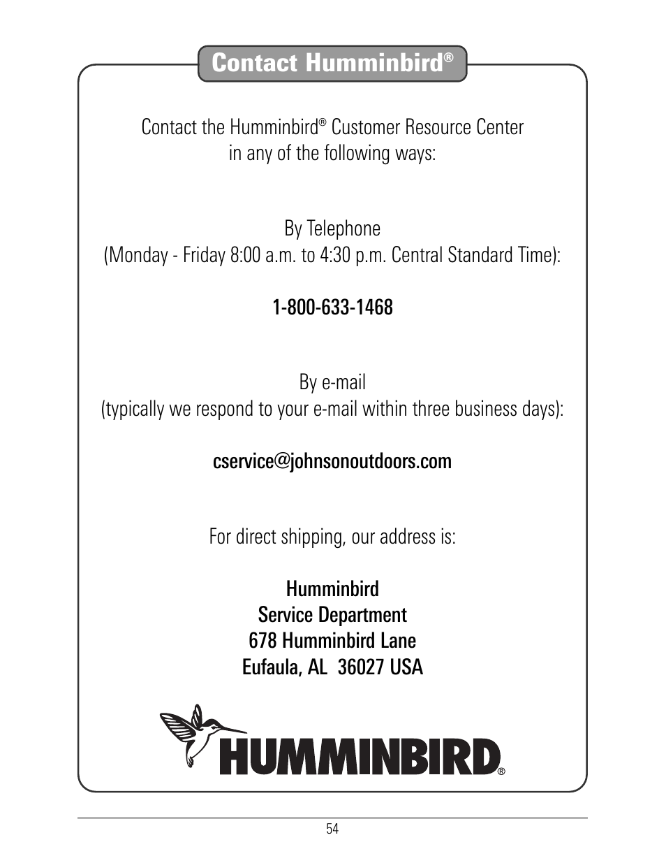 Contact humminbird | Humminbird 531324-1_D User Manual | Page 60 / 60