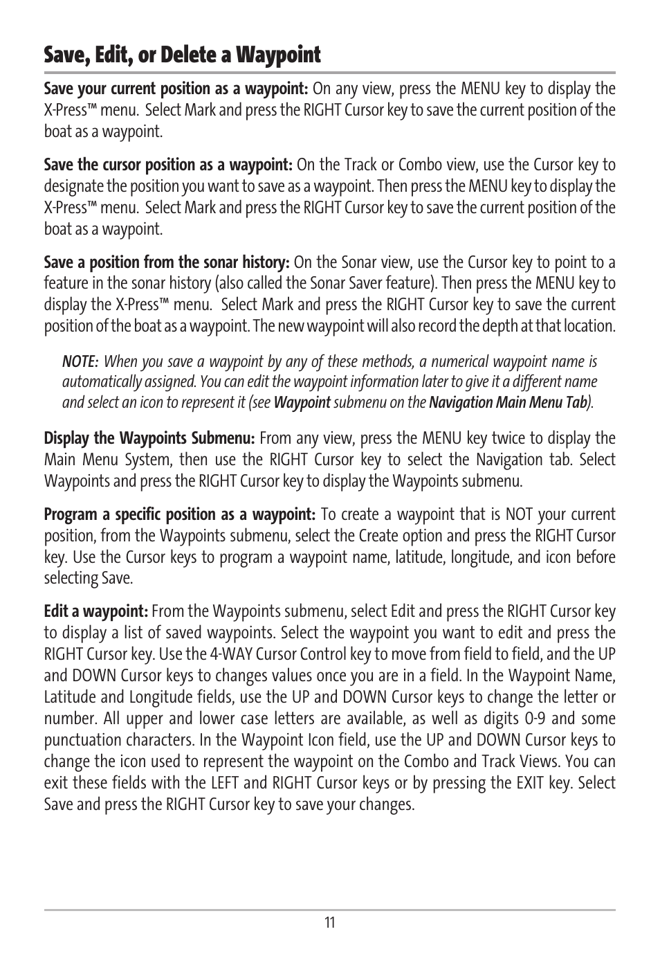 Save, edit, or delete a waypoint | Humminbird GR16 User Manual | Page 16 / 60