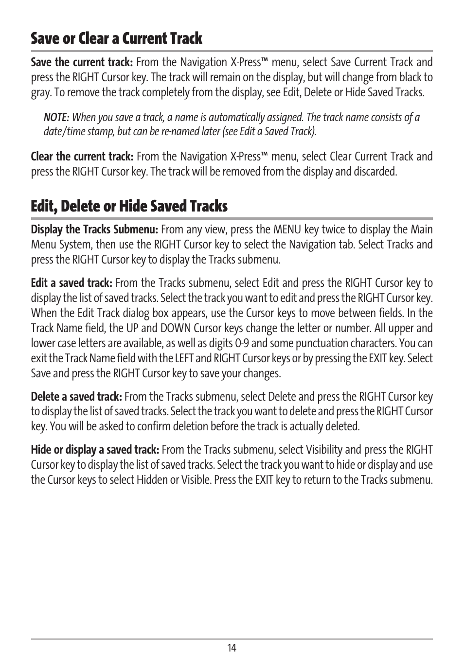 Save or clear a current track, Edit, delete or hide saved tracks | Humminbird GR16 User Manual | Page 19 / 60