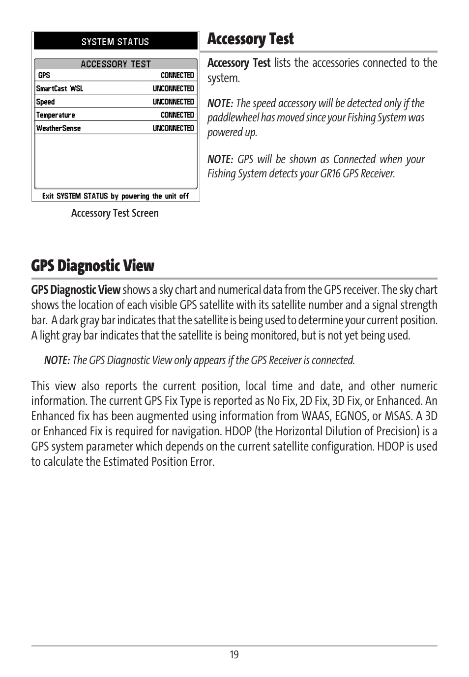 Accessory test, Gps diagnostic view | Humminbird GR16 User Manual | Page 24 / 60