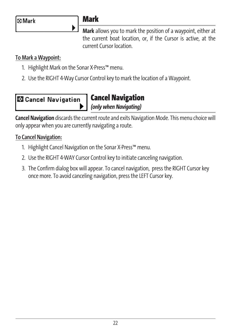 Mark, Cancel navigation | Humminbird GR16 User Manual | Page 27 / 60