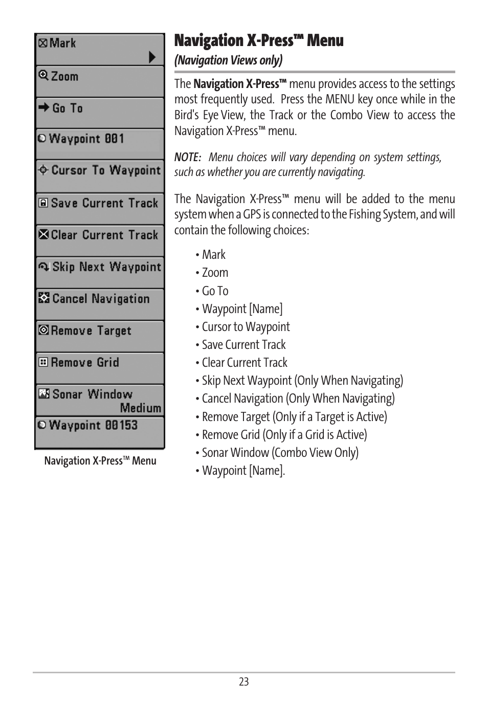 Navigation x-press™ menu | Humminbird GR16 User Manual | Page 28 / 60