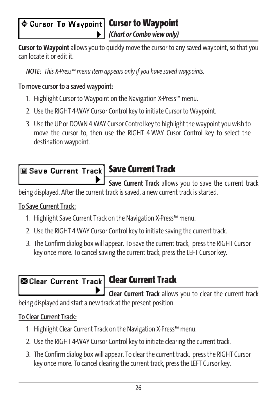 Cursor to waypoint, Save current track, Clear current track | Humminbird GR16 User Manual | Page 31 / 60