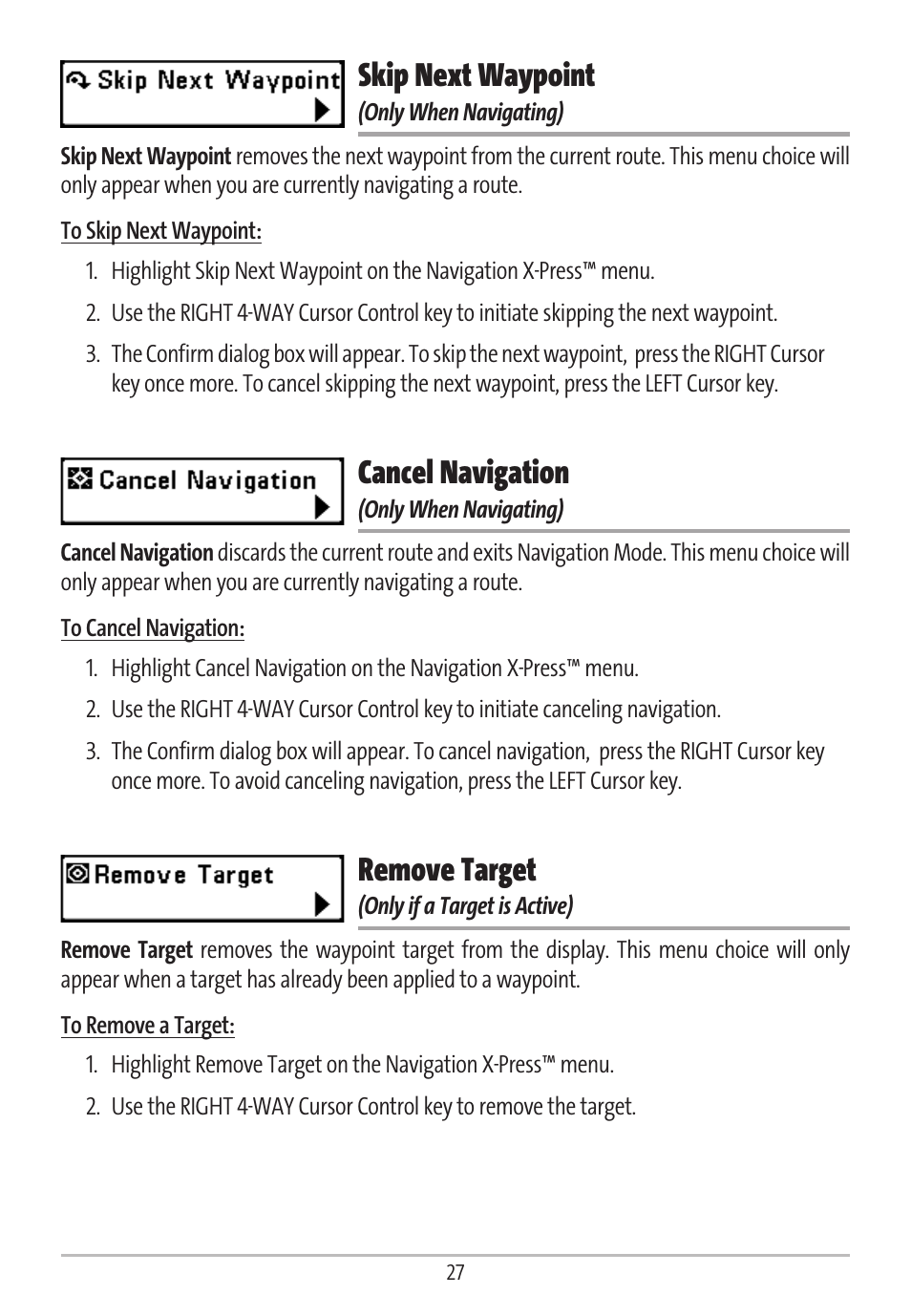 Skip next waypoint, Cancel navigation, Remove target | Humminbird GR16 User Manual | Page 32 / 60