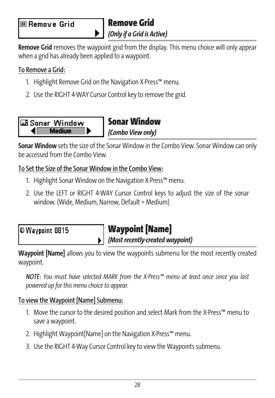 Remove grid, Sonar window, Waypoint [name | Humminbird GR16 User Manual | Page 33 / 60