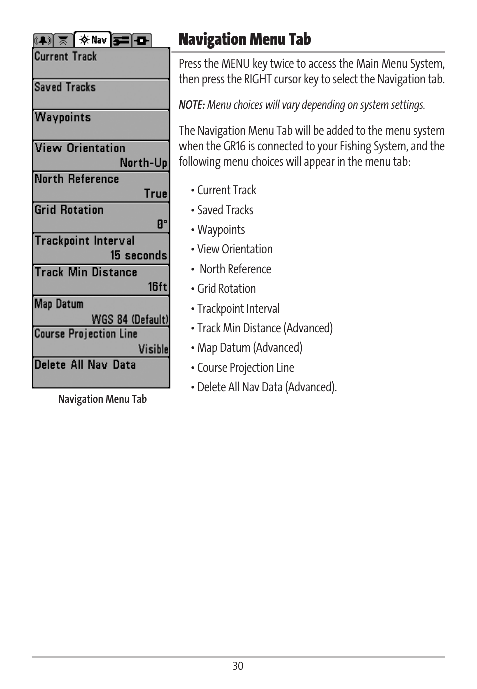 Navigation menu tab | Humminbird GR16 User Manual | Page 35 / 60