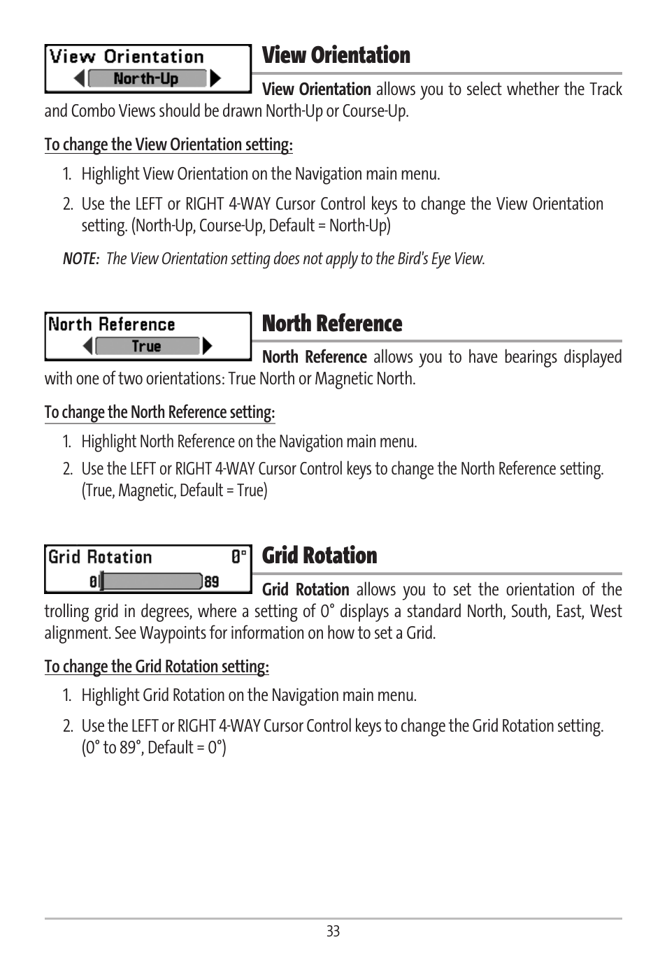 View orientation, North reference, Grid rotation | Humminbird GR16 User Manual | Page 38 / 60