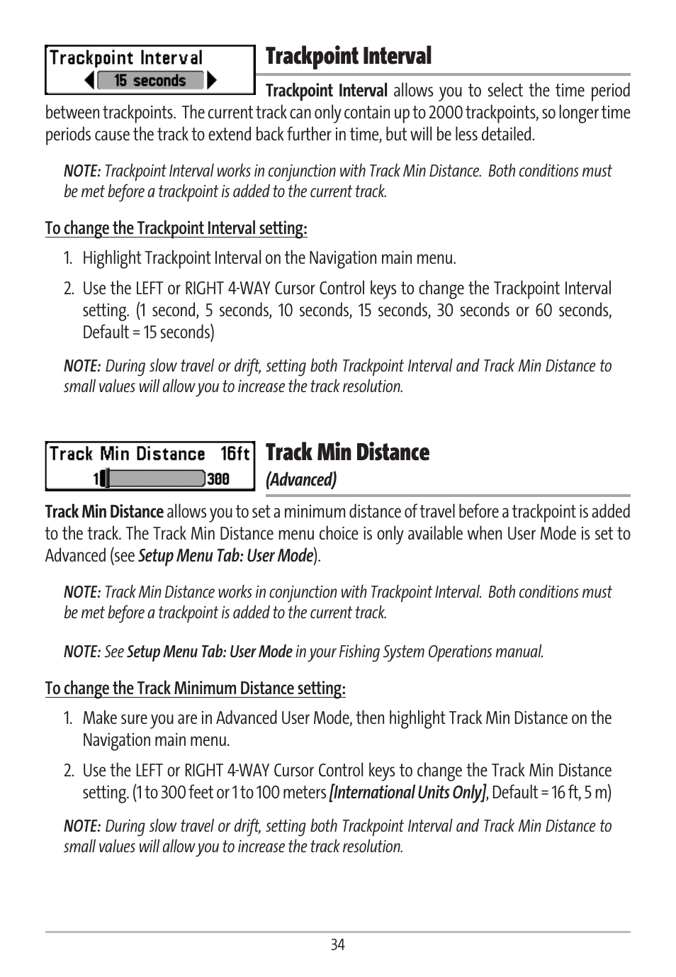 Trackpoint interval, Track min distance | Humminbird GR16 User Manual | Page 39 / 60