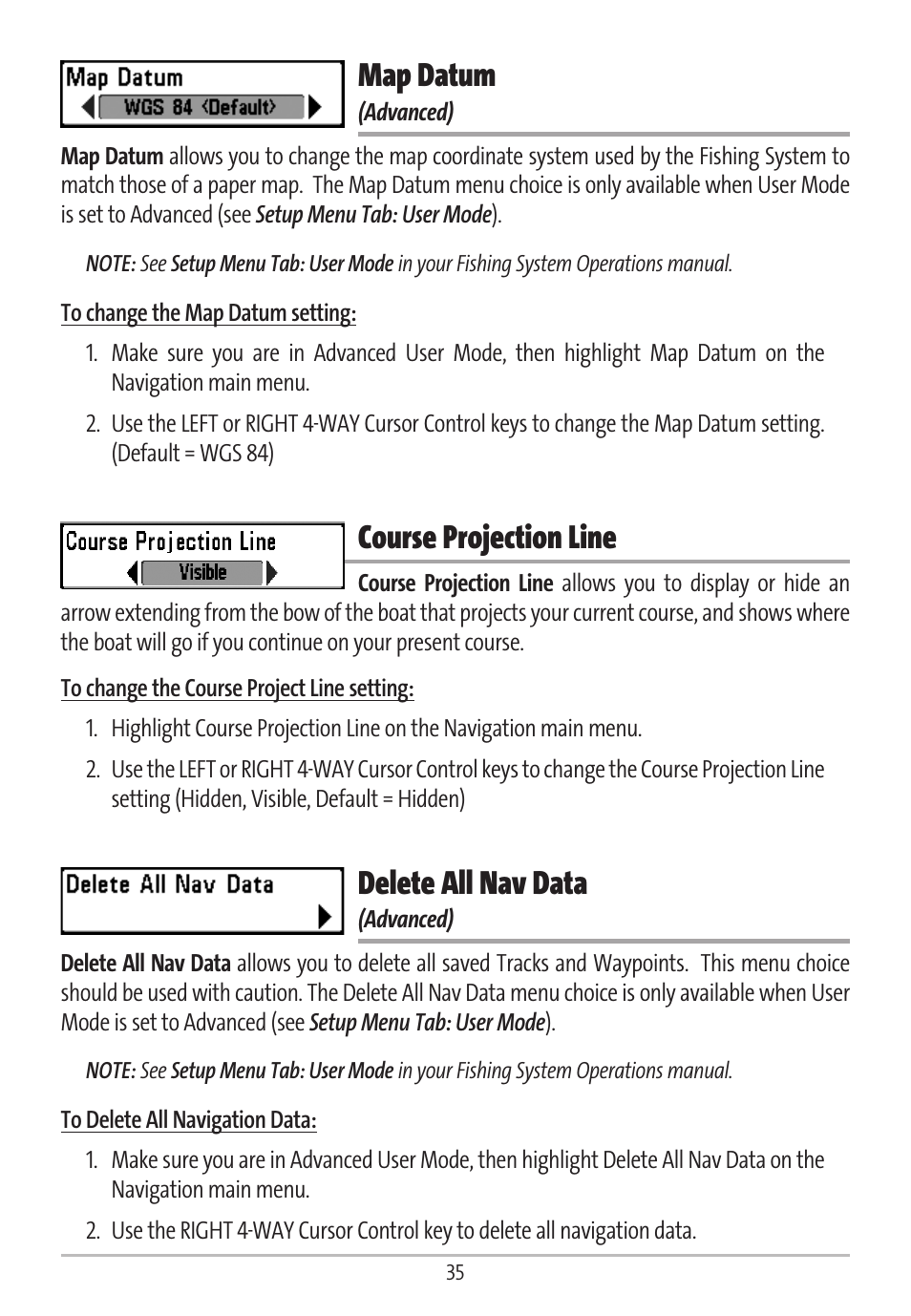 Map datum, Course projection line, Delete all nav data | Humminbird GR16 User Manual | Page 40 / 60