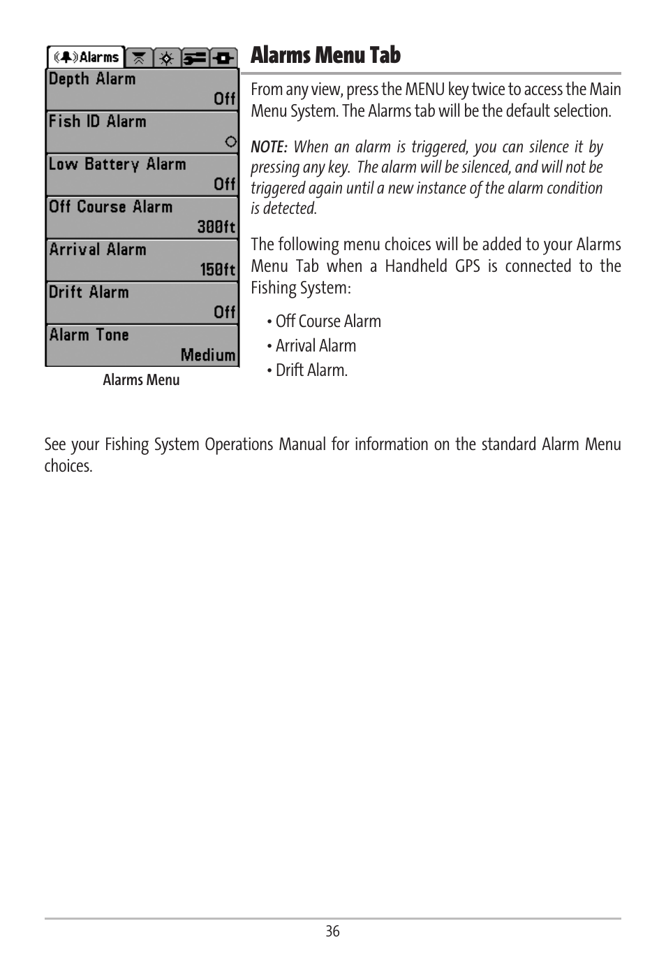 Alarms menu tab | Humminbird GR16 User Manual | Page 41 / 60