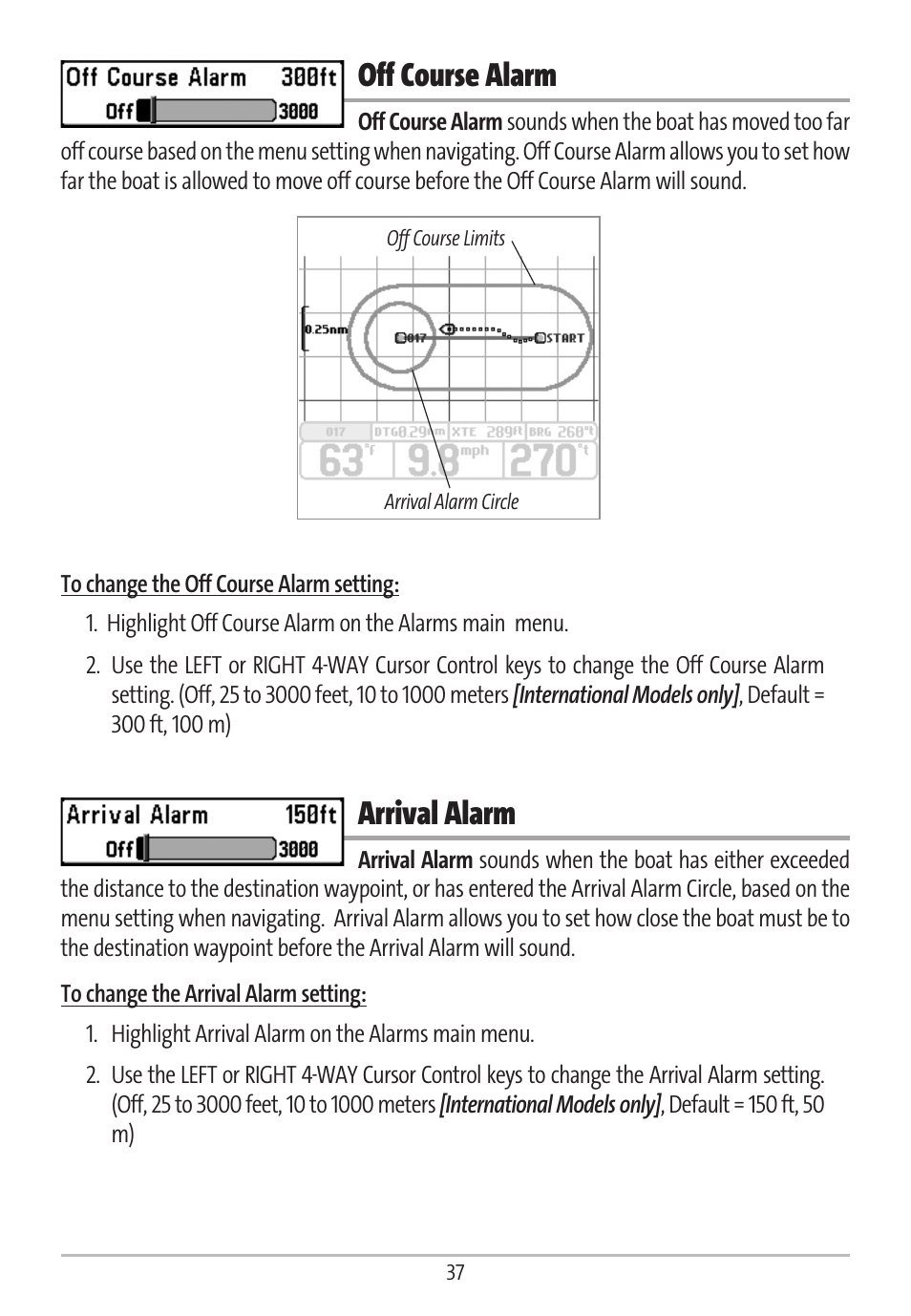 Off course alarm, Arrival alarm | Humminbird GR16 User Manual | Page 42 / 60