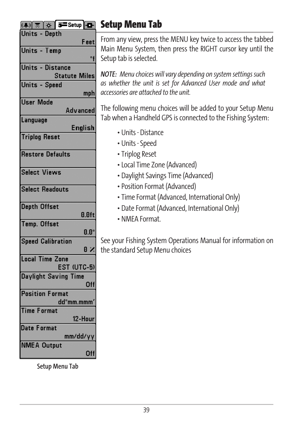 Setup menu tab | Humminbird GR16 User Manual | Page 44 / 60