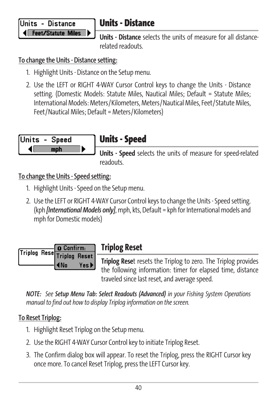 Units - distance, Units - speed, Triplog reset | Humminbird GR16 User Manual | Page 45 / 60