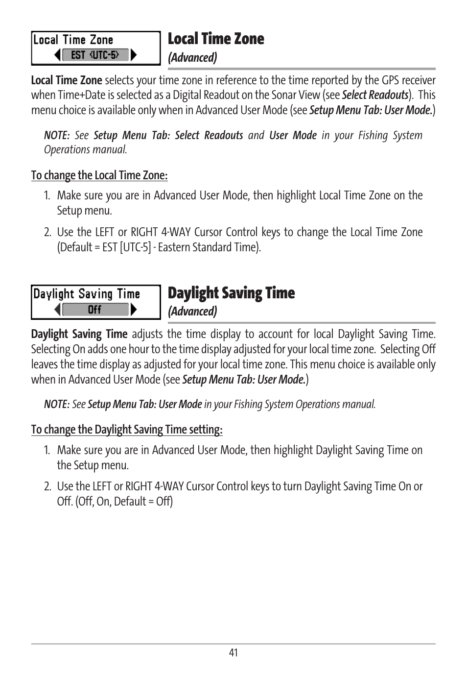 Local time zone, Daylight saving time | Humminbird GR16 User Manual | Page 46 / 60